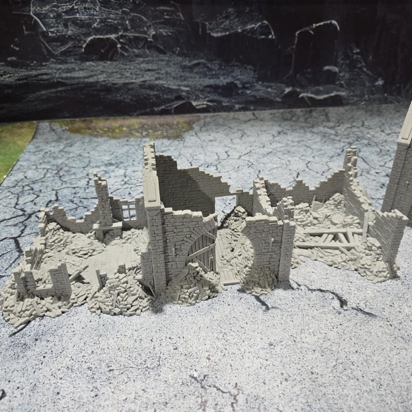 Grimdale Ruined Farmhouse for tabletop wargaming, ruined farmhouse, DnD, Pathfinder, Bolt Action, Revolutionary War games, 3D printed PLA terrain, high-quality ruins, realistic textures, strategic gameplay, RPG scenery, detailed architecture.