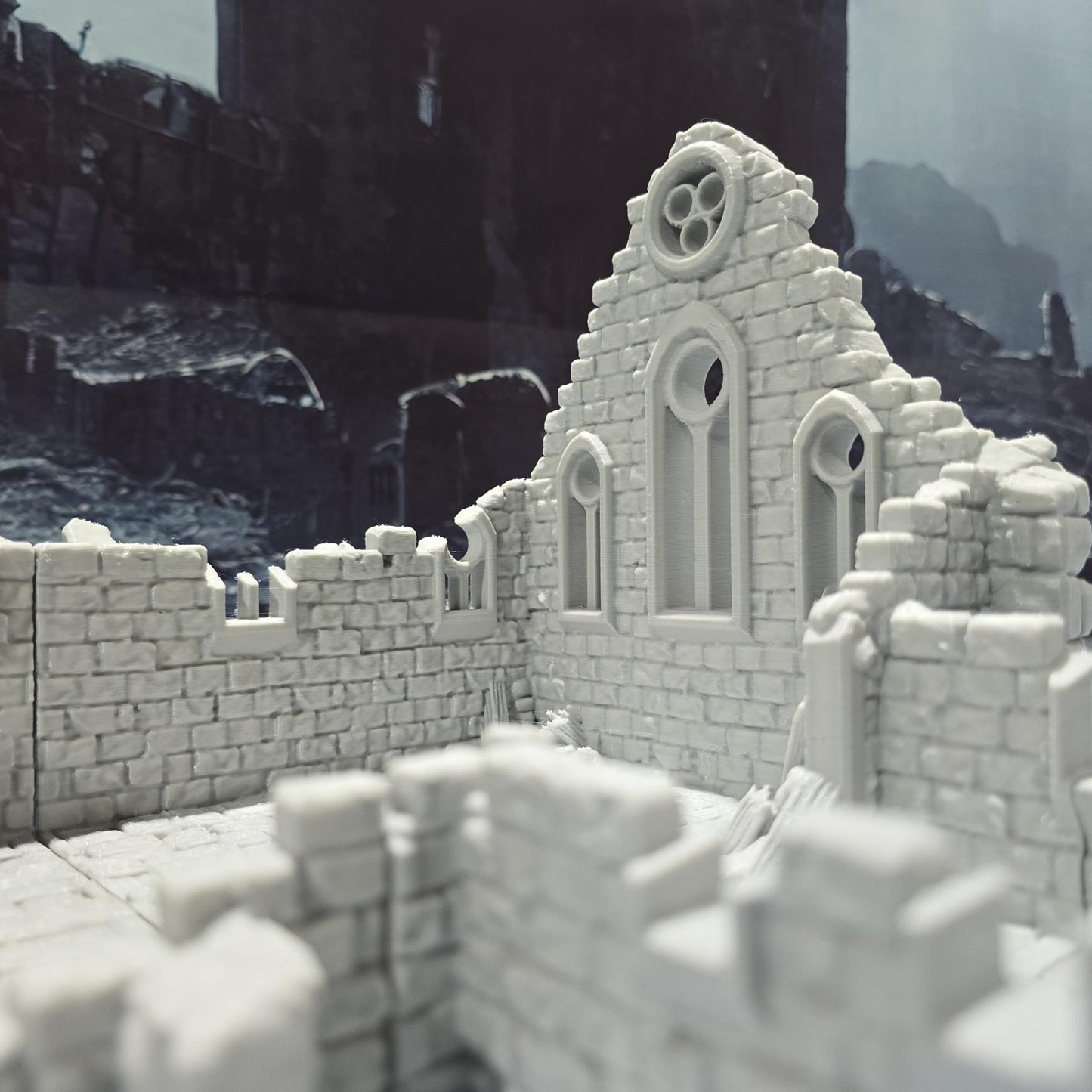 Medieval "Kasenport Church Ruin" model for tabletop gaming; features Gothic architecture with intricate details like cracked walls and stained glass remnants.