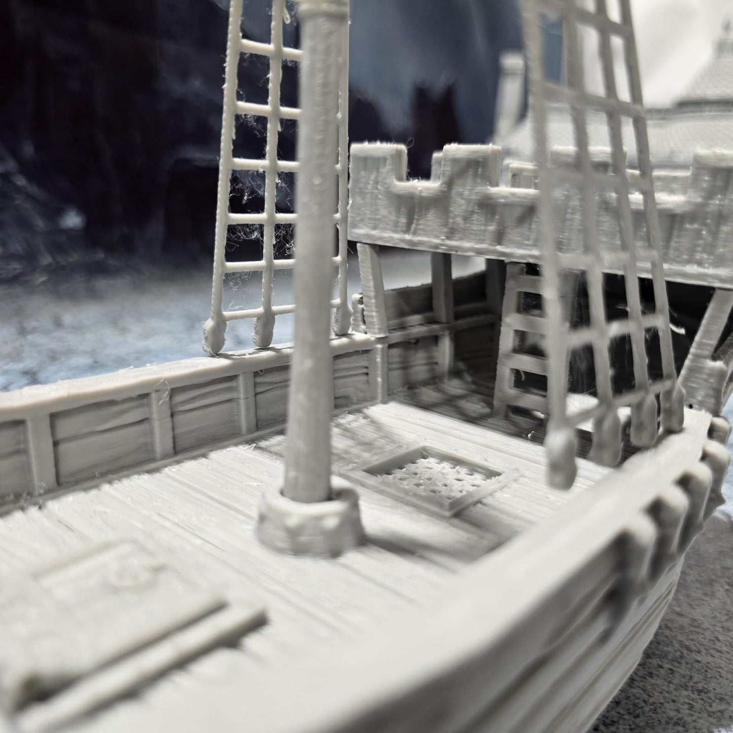 Detailed 3D printed model of a medieval cog ship with a mast, sail, and realistic deck features, perfect for tabletop gaming scenarios.