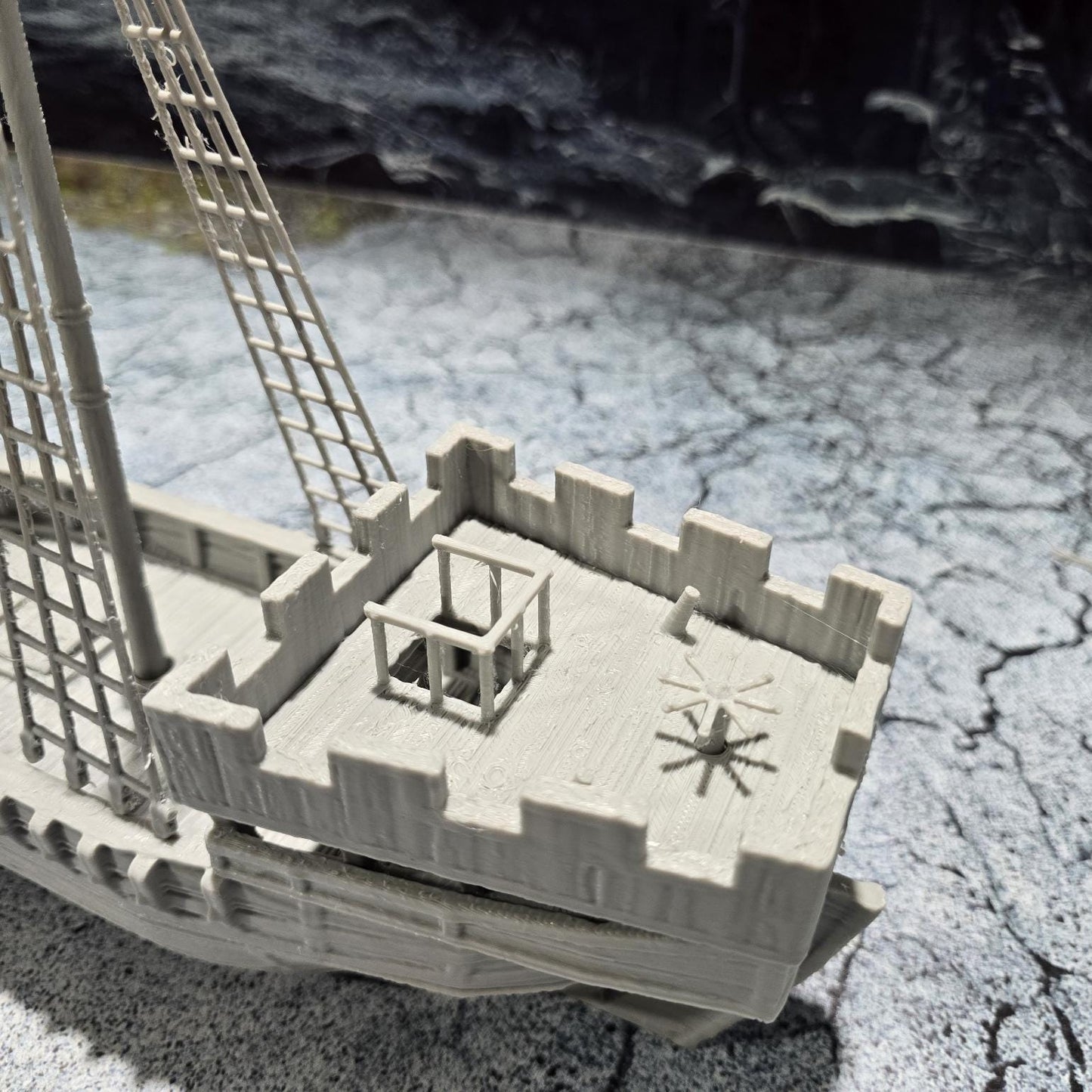 Detailed 3D printed model of a medieval cog ship with a mast, sail, and realistic deck features, perfect for tabletop gaming scenarios.