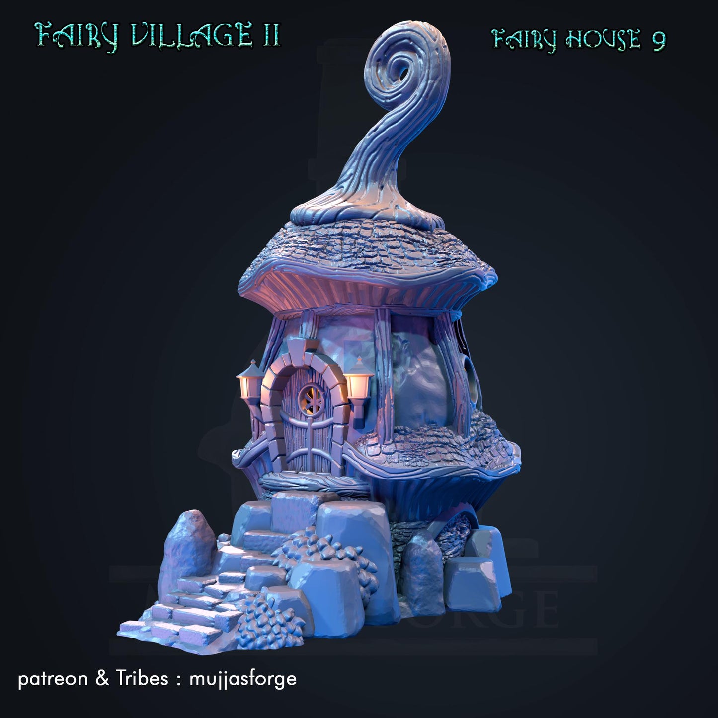 Enchanting 'Fairy House 9' model from 'Fairy Village II' series, featuring a twisted roof and glowing windows, perfect for fantasy dioramas and RPG settings.