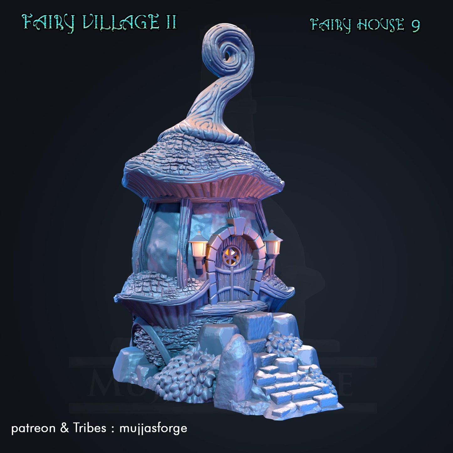 Enchanting 'Fairy House 9' model from 'Fairy Village II' series, featuring a twisted roof and glowing windows, perfect for fantasy dioramas and RPG settings.