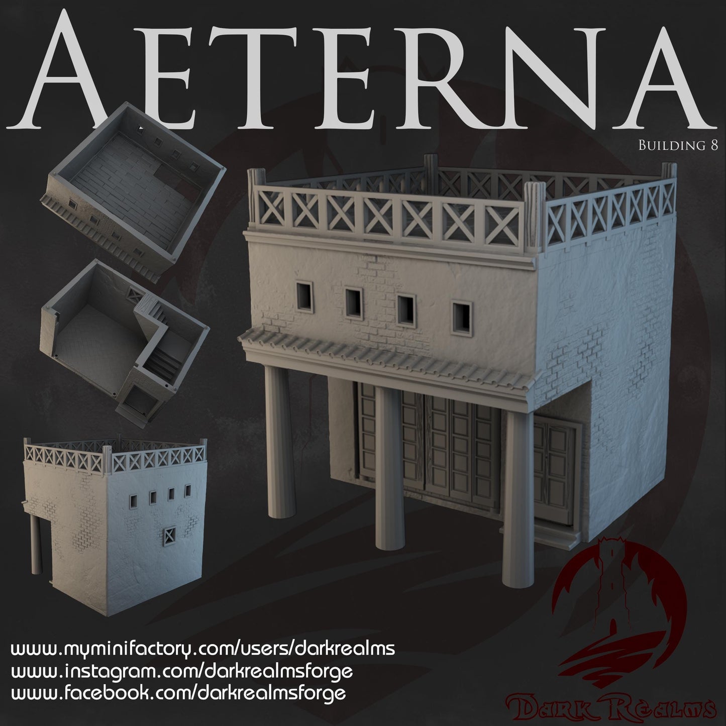 Explore the Aeterna Building 8, a Roman-era elevated residence with two accessible floors, detailed architecture, and realistic textures, perfect for enhancing your tabletop RPG and wargame settings.