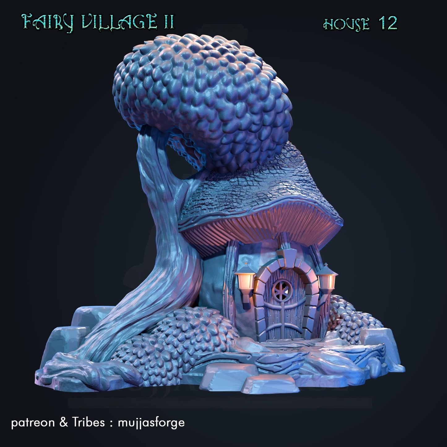 A highly detailed mushroom cottage, featuring a rounded mushroom roof, twisted tree walls, and stone textures. Perfect for fantasy tabletop RPGs and dioramas in magical forest settings.