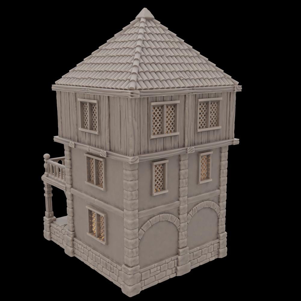 A modular 3-story medieval house model for tabletop RPGs and dioramas. The detailed structure features removable floors, a stone porch, wooden walls, and lattice windows. Ideal for enhancing fantasy or historical gaming environments.