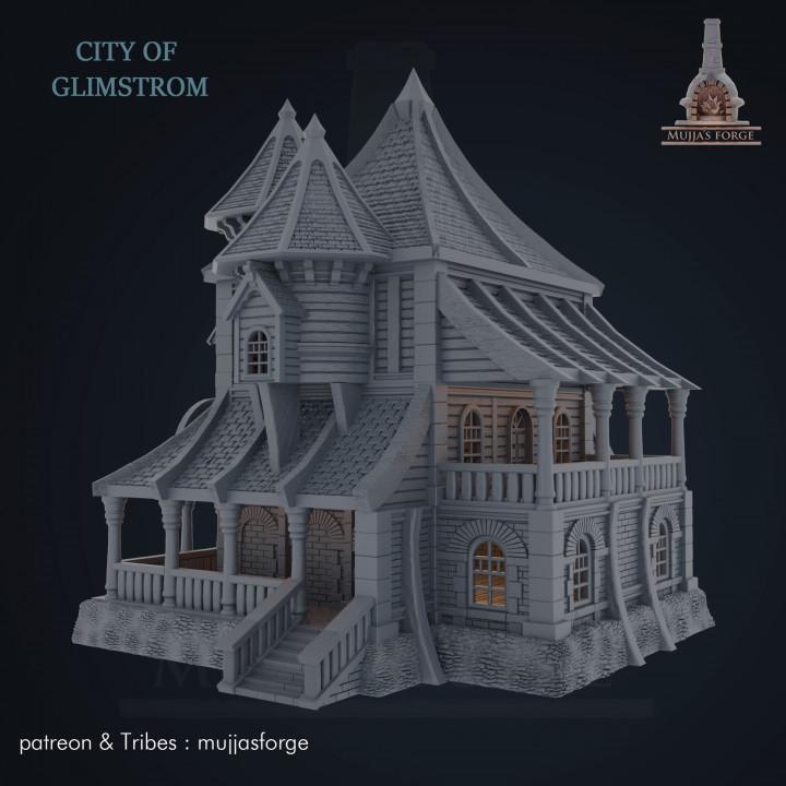 "Explore the mystical City of Glimstrom with our Enchanted Victorian Mansion, a 3D printed marvel perfect for enhancing tabletop RPGs with its intricate design and historical allure."