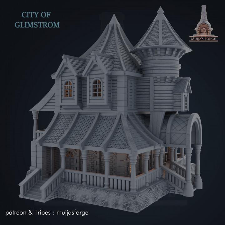 "Explore the mystical City of Glimstrom with our Enchanted Victorian Mansion, a 3D printed marvel perfect for enhancing tabletop RPGs with its intricate design and historical allure."