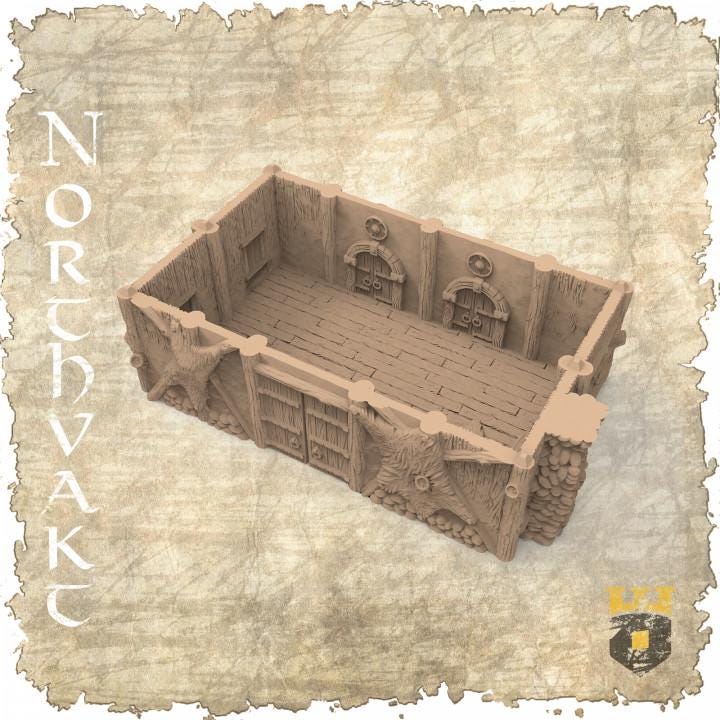 Medieval guildhouse with detailed interiors, perfect for RPG and wargaming scenes. Designed by 3DLayeredScenery, crafted using advanced 3D printing.