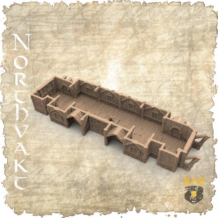 Detailed view of a 3D printed Norse LongHall, showcasing intricate design, medieval architecture, and a spacious interior ideal for RPG setups.