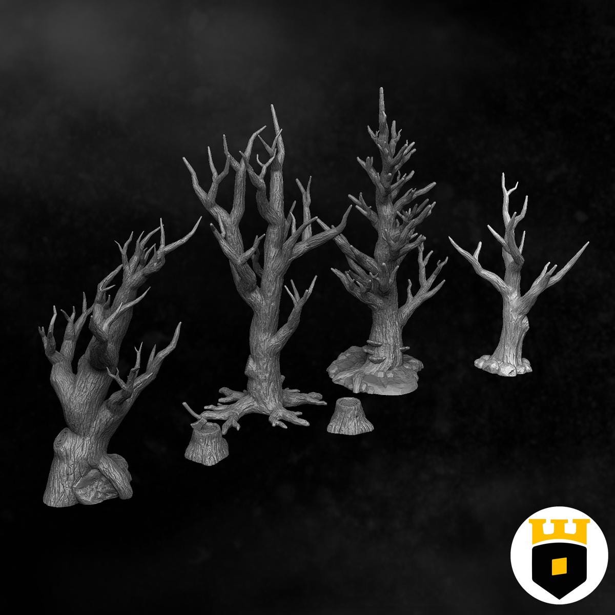 "Intricately designed 3D-printed barren trees, perfect for adding a stark, realistic touch to Nordic and fantasy tabletop landscapes."