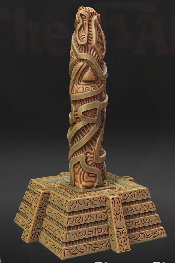 Explore ancient mysteries with a deity altar and three totem poles, intricately carved and perfect for enhancing tabletop fantasy and historical games.