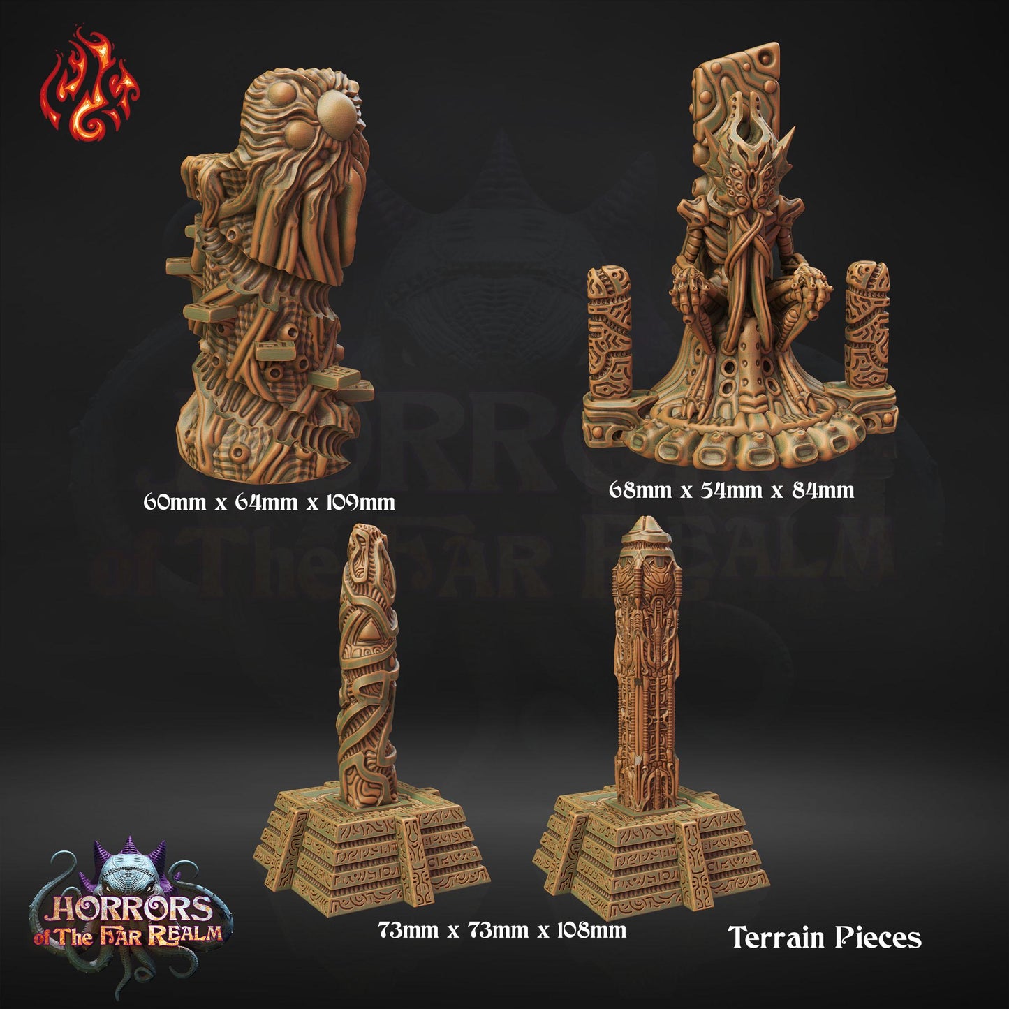 Explore ancient mysteries with a deity altar and three totem poles, intricately carved and perfect for enhancing tabletop fantasy and historical games.