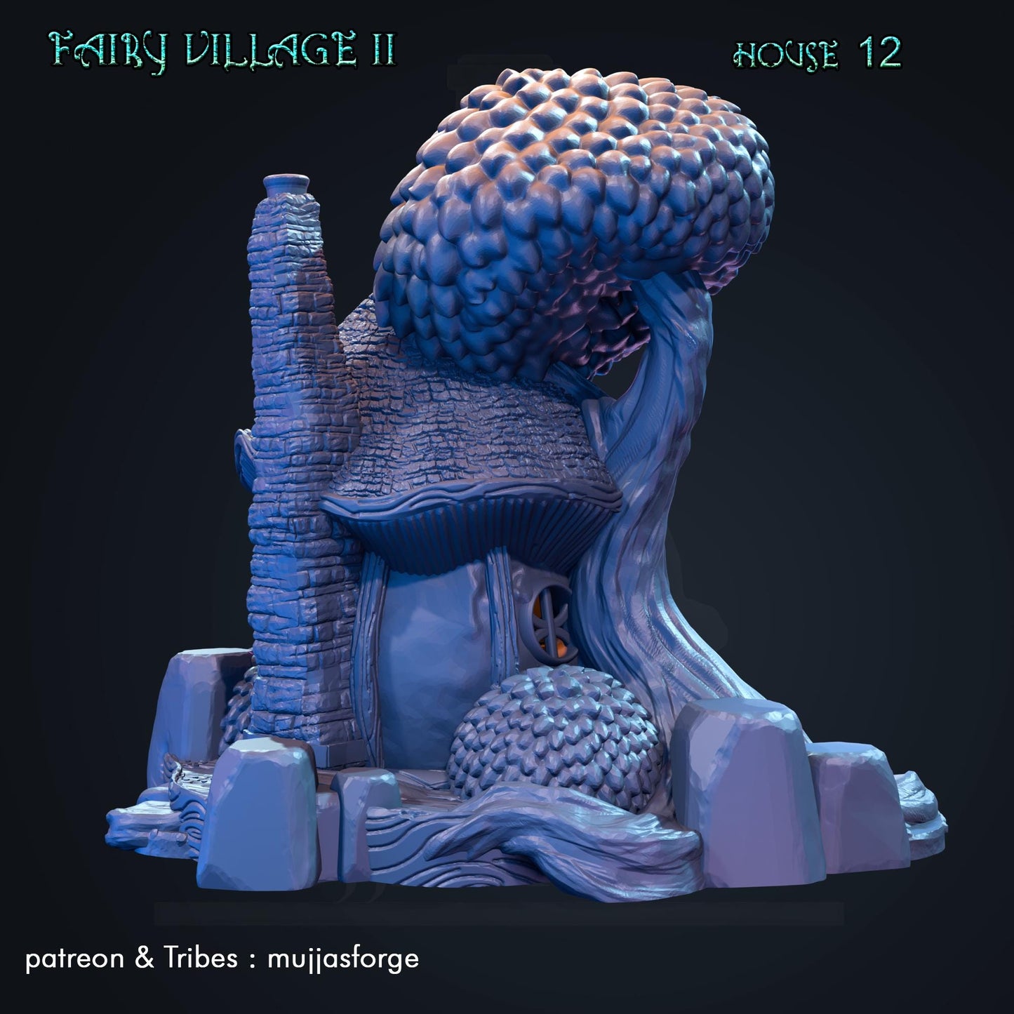 A highly detailed mushroom cottage, featuring a rounded mushroom roof, twisted tree walls, and stone textures. Perfect for fantasy tabletop RPGs and dioramas in magical forest settings.