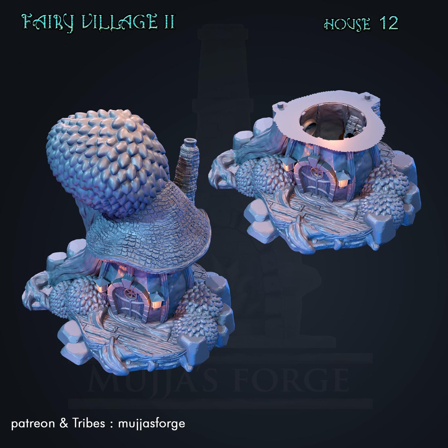 A highly detailed mushroom cottage, featuring a rounded mushroom roof, twisted tree walls, and stone textures. Perfect for fantasy tabletop RPGs and dioramas in magical forest settings.