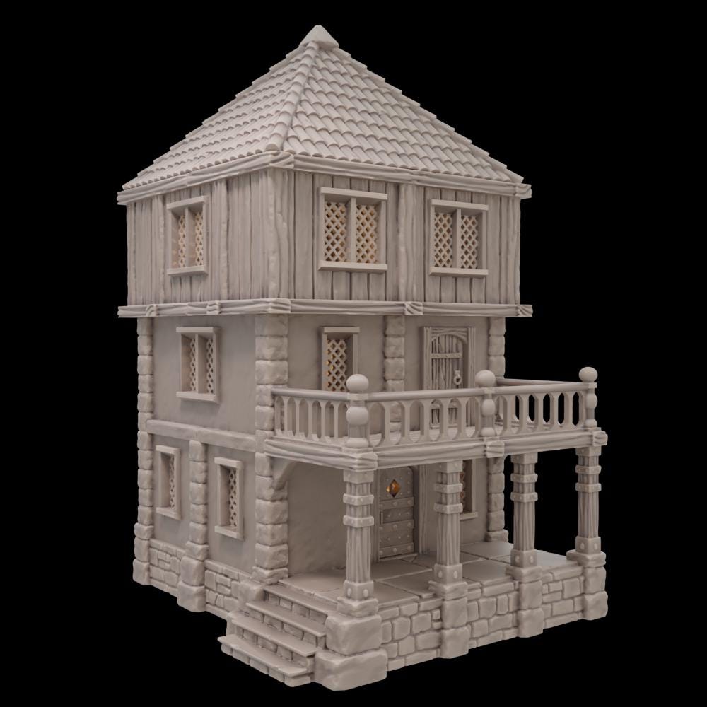 A modular 3-story medieval house model for tabletop RPGs and dioramas. The detailed structure features removable floors, a stone porch, wooden walls, and lattice windows. Ideal for enhancing fantasy or historical gaming environments.