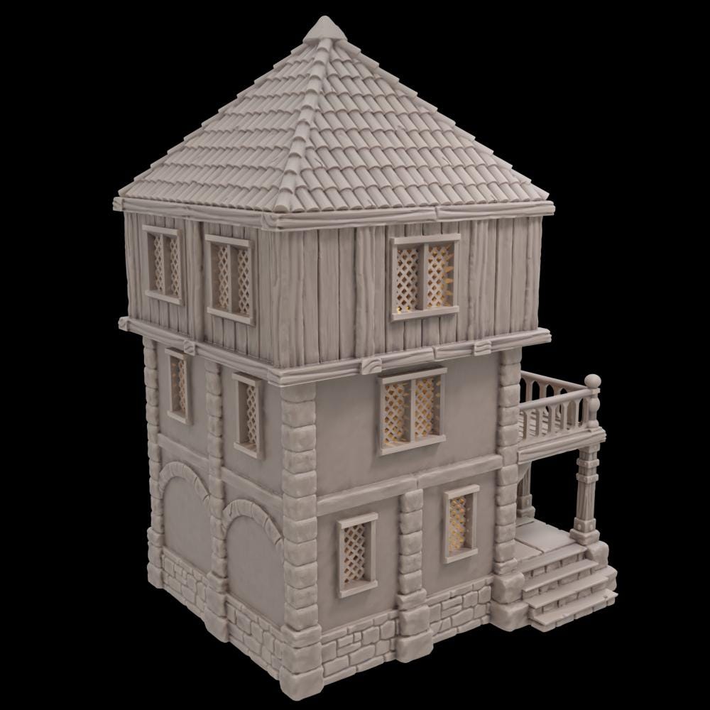 A modular 3-story medieval house model for tabletop RPGs and dioramas. The detailed structure features removable floors, a stone porch, wooden walls, and lattice windows. Ideal for enhancing fantasy or historical gaming environments.