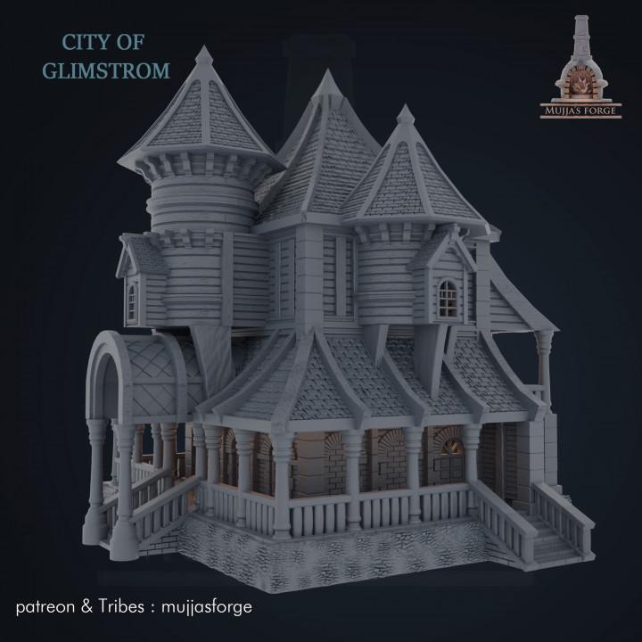 "Explore the mystical City of Glimstrom with our Enchanted Victorian Mansion, a 3D printed marvel perfect for enhancing tabletop RPGs with its intricate design and historical allure."