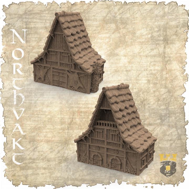 Medieval guildhouse with detailed interiors, perfect for RPG and wargaming scenes. Designed by 3DLayeredScenery, crafted using advanced 3D printing.