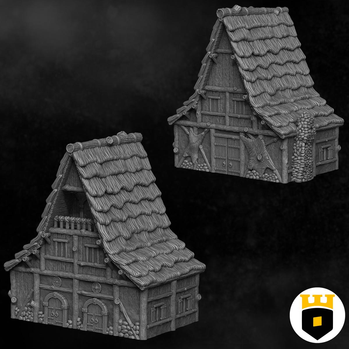 Medieval guildhouse with detailed interiors, perfect for RPG and wargaming scenes. Designed by 3DLayeredScenery, crafted using advanced 3D printing.