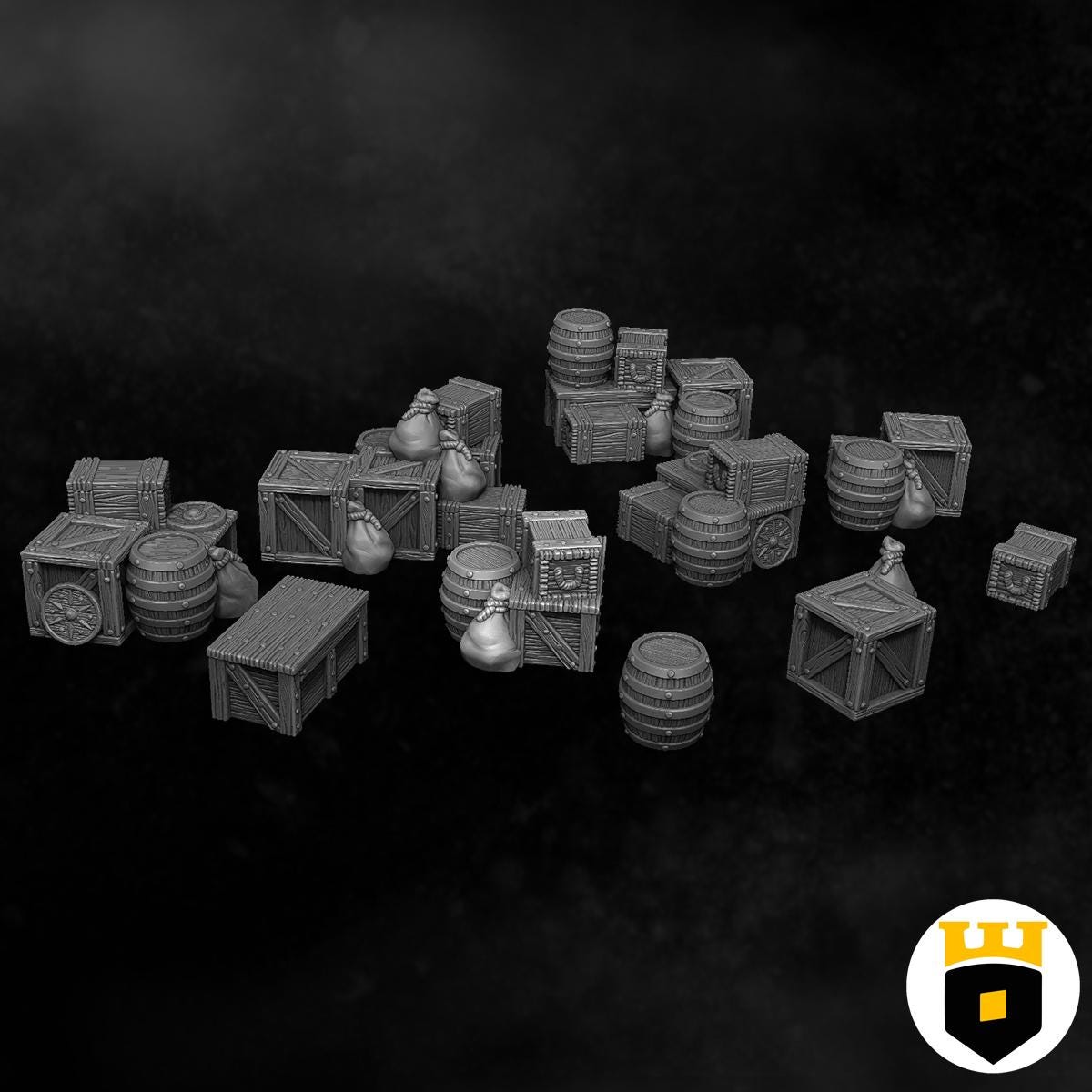 "Assorted collection of Viking-era supplies including detailed wooden barrels, crates, and sacks, designed for enhancing tabletop RPGs with historical and fantasy settings."