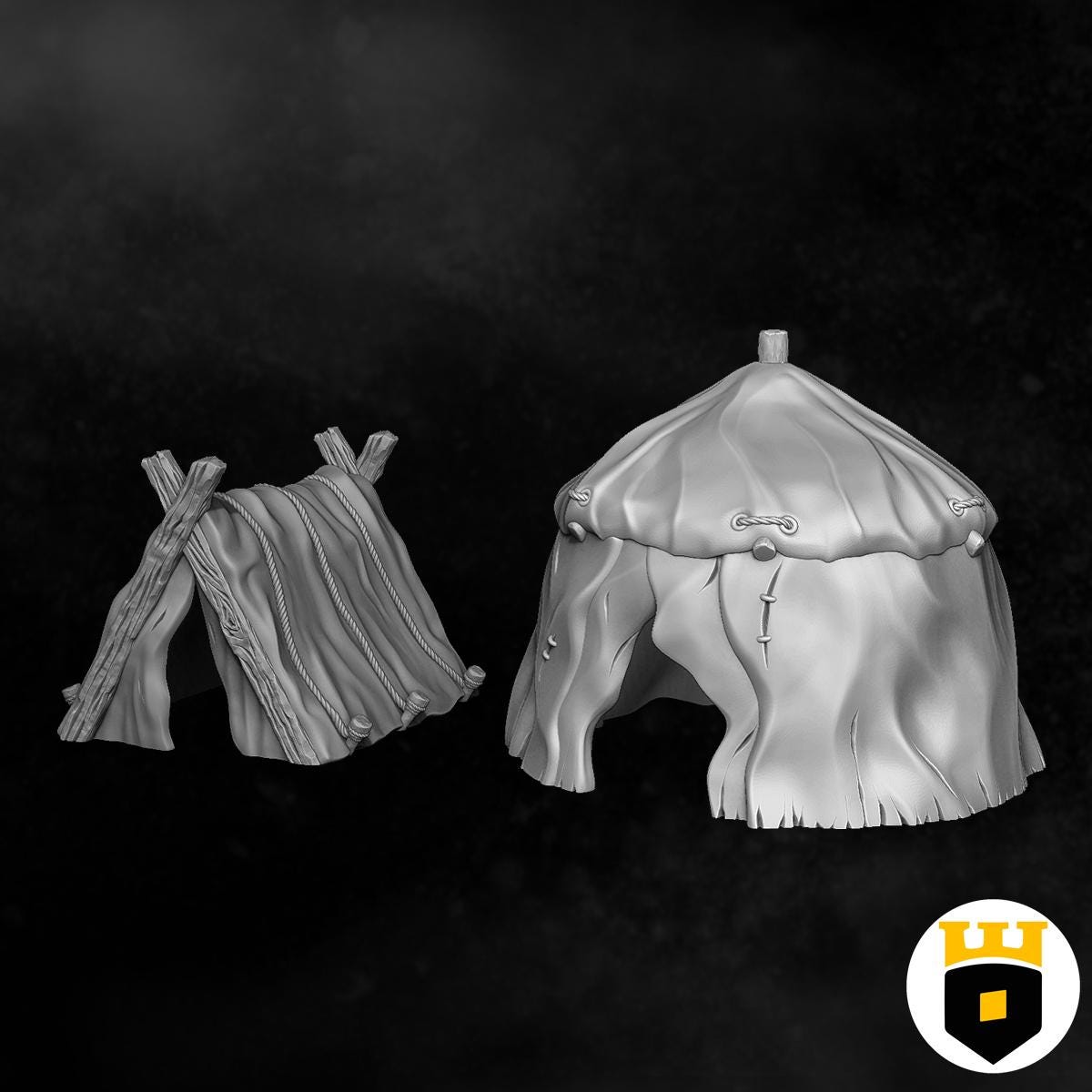 Set of medieval canvas tents with detailed fabric textures and wooden supports, ideal for enhancing tabletop RPG settings.