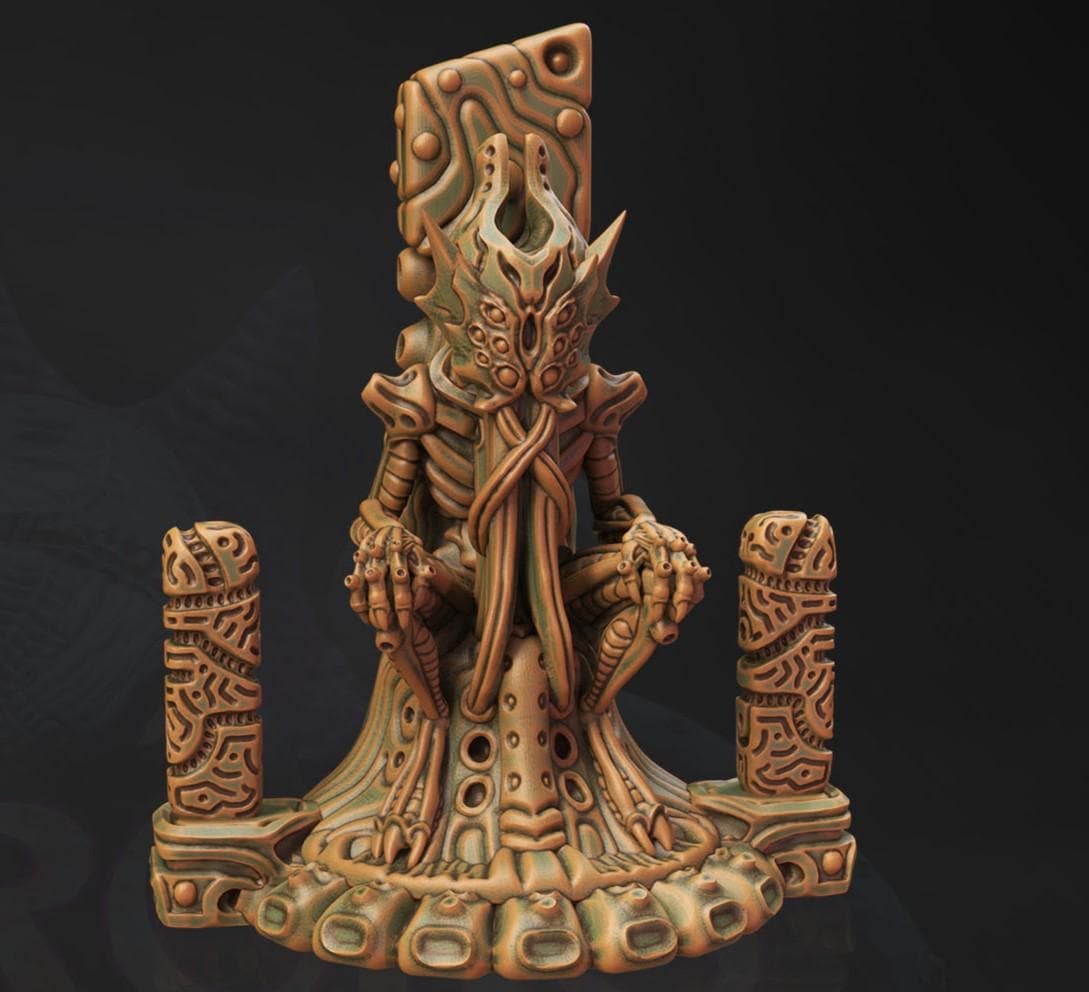Explore ancient mysteries with a deity altar and three totem poles, intricately carved and perfect for enhancing tabletop fantasy and historical games.