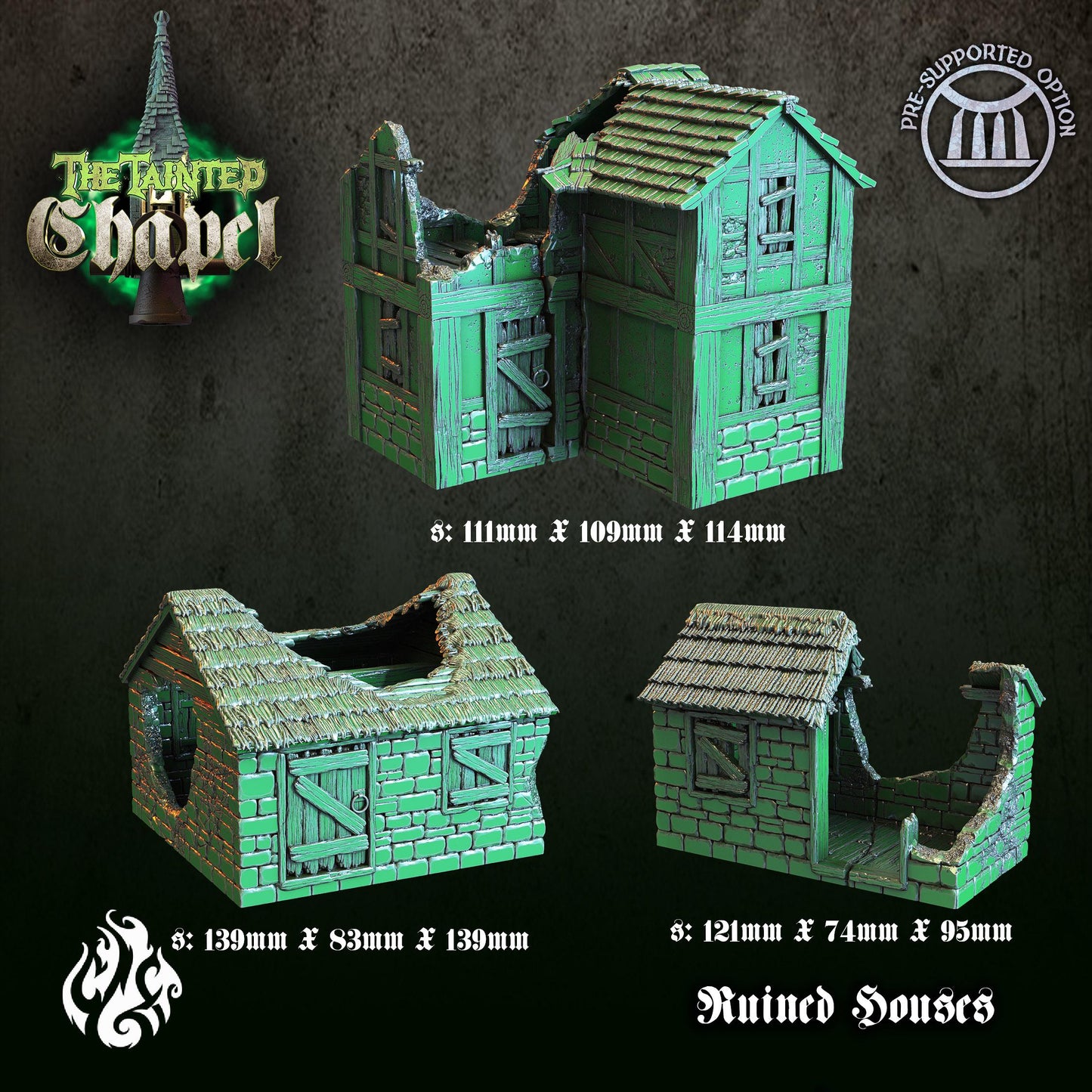Discover The Tainted Chapel: a set of three gothic ruined houses designed to bring a touch of mystery and ancient allure to your fantasy and historical tabletop games.