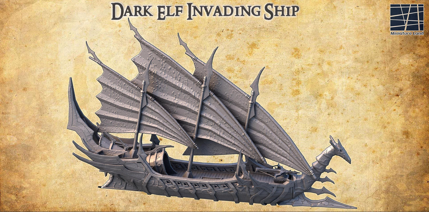 Detailed model of a Dark Elf Invading Ship with dragon-wing sails, designed for use in fantasy tabletop games and dioramas.