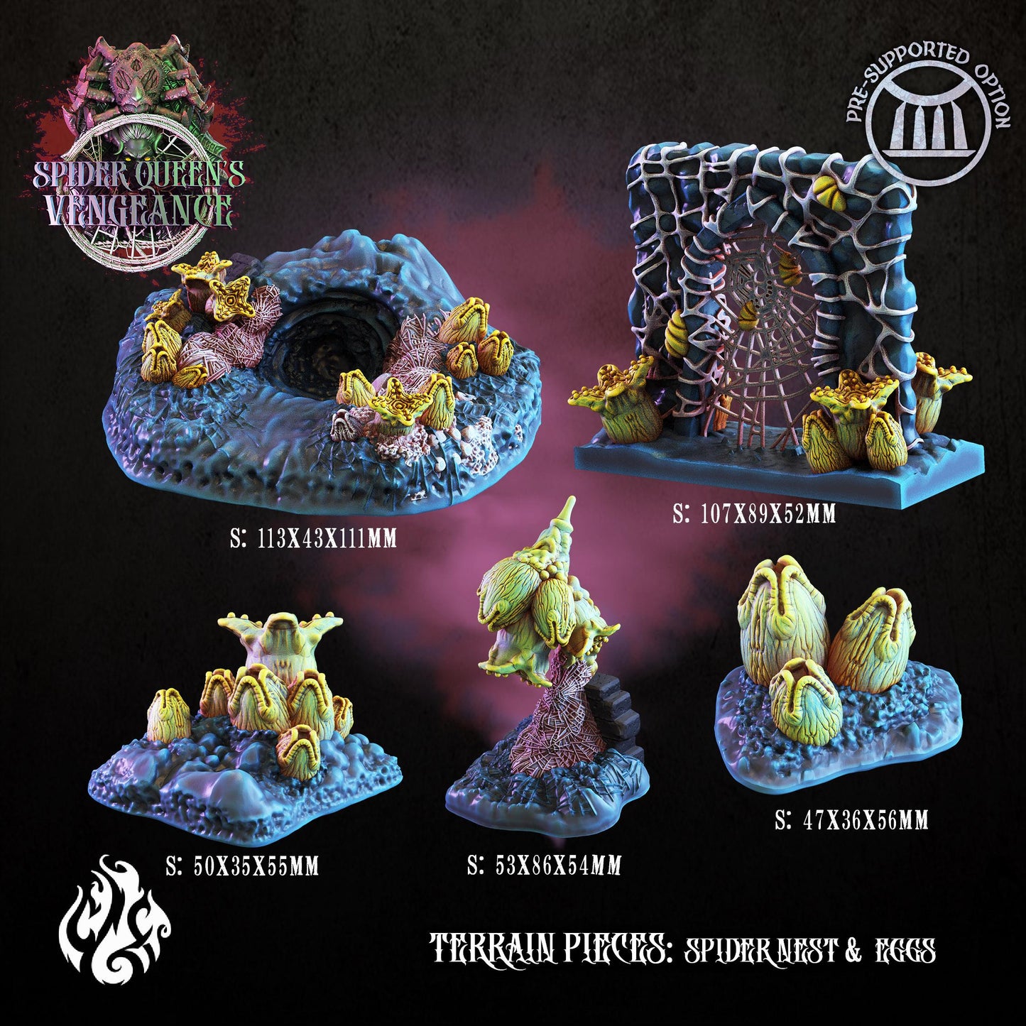 "Delve into the Spider Queen's Vengeance with this set of FDM 3D-printed terrain pieces, featuring lifelike spider nests, eggs, and lairs for tabletop RPGs."