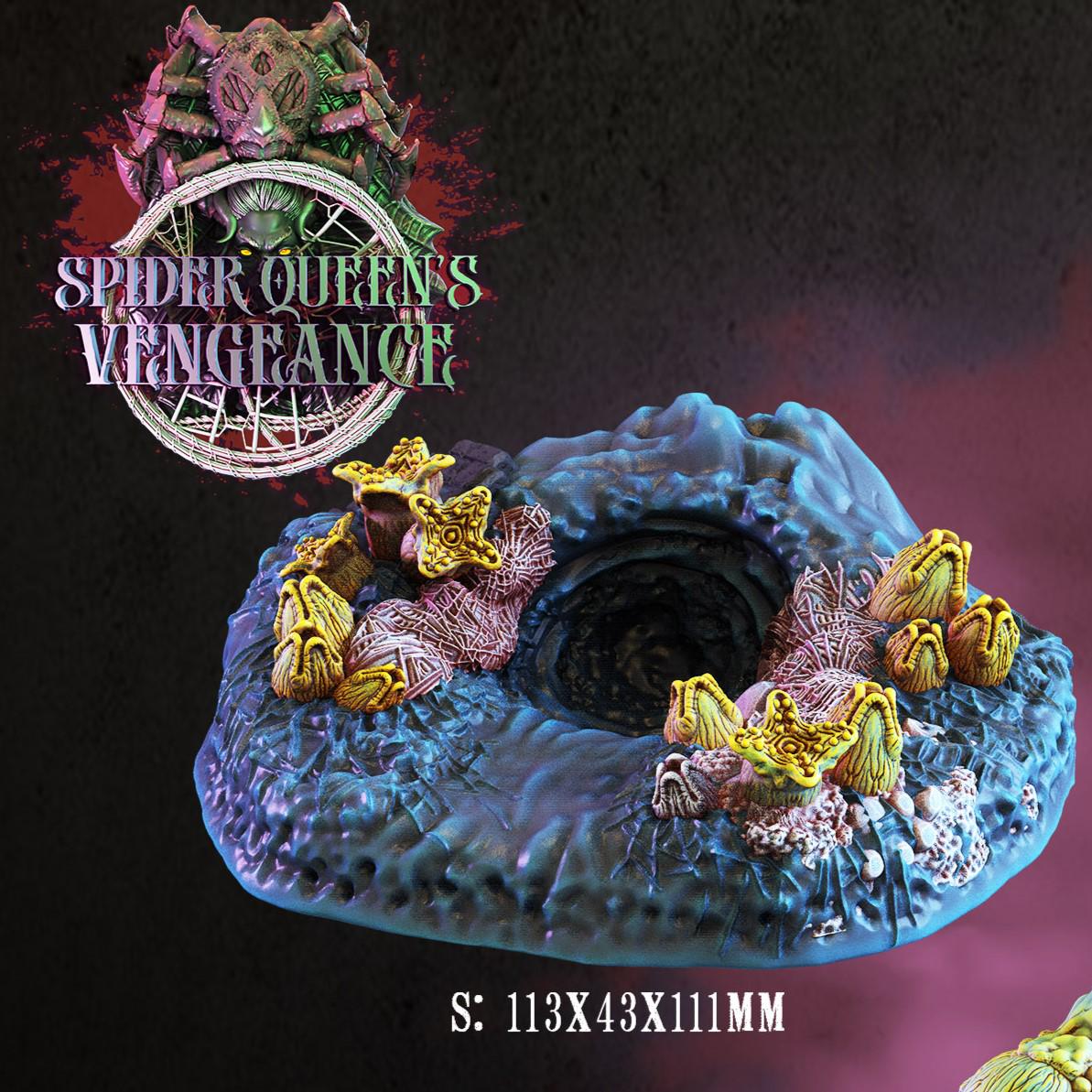 "Delve into the Spider Queen's Vengeance with this set of FDM 3D-printed terrain pieces, featuring lifelike spider nests, eggs, and lairs for tabletop RPGs."