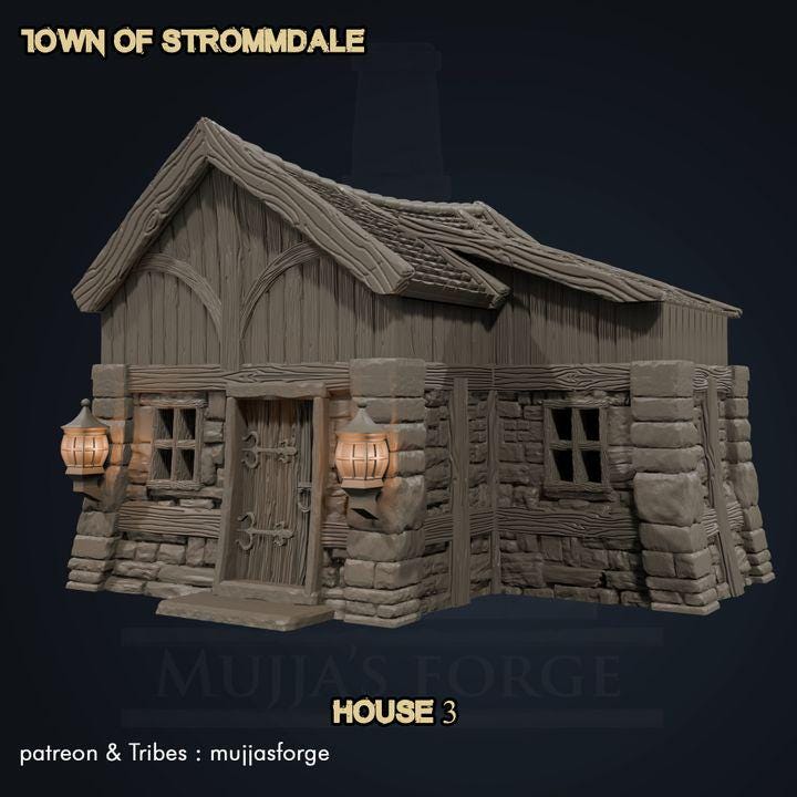A quaint Medieval Cabin from the Town of Strommdale series, featuring a blend of stone and timber construction with warm lantern details. Modular design makes it ideal for tabletop RPGs and skirmish games.