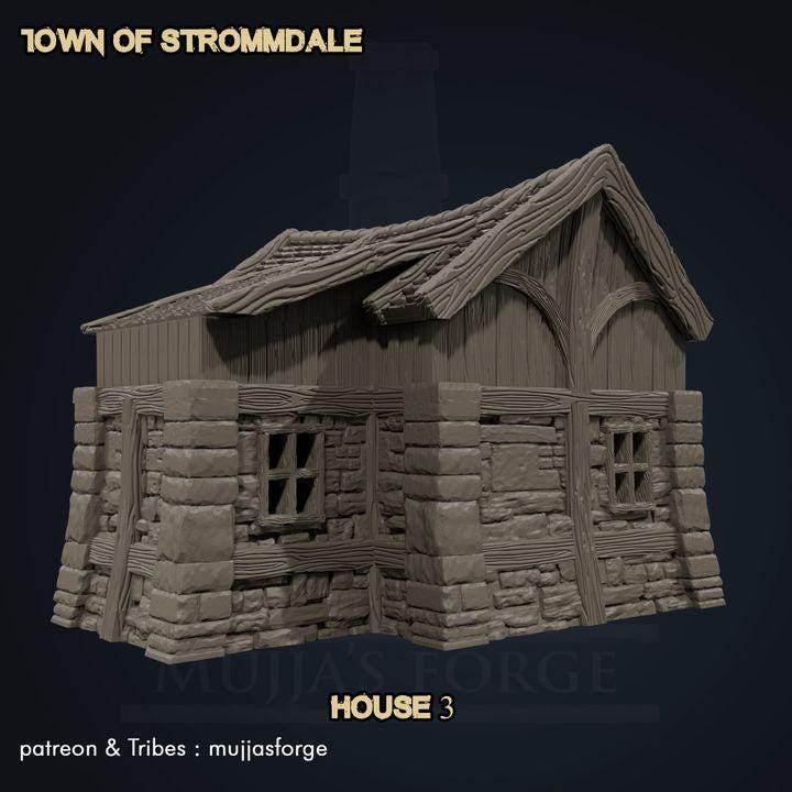 A quaint Medieval Cabin from the Town of Strommdale series, featuring a blend of stone and timber construction with warm lantern details. Modular design makes it ideal for tabletop RPGs and skirmish games.
