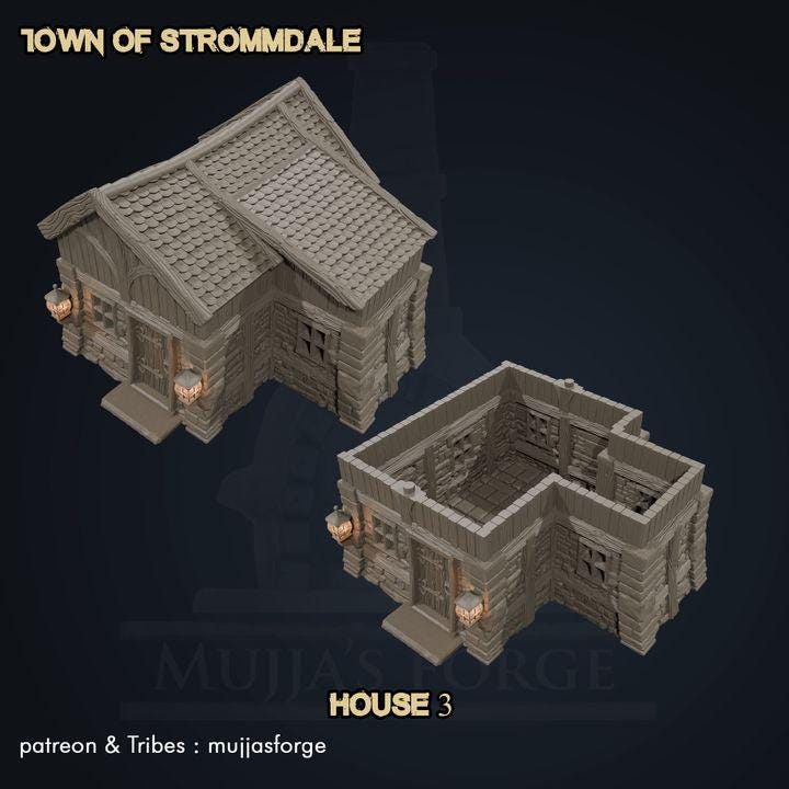 A quaint Medieval Cabin from the Town of Strommdale series, featuring a blend of stone and timber construction with warm lantern details. Modular design makes it ideal for tabletop RPGs and skirmish games.