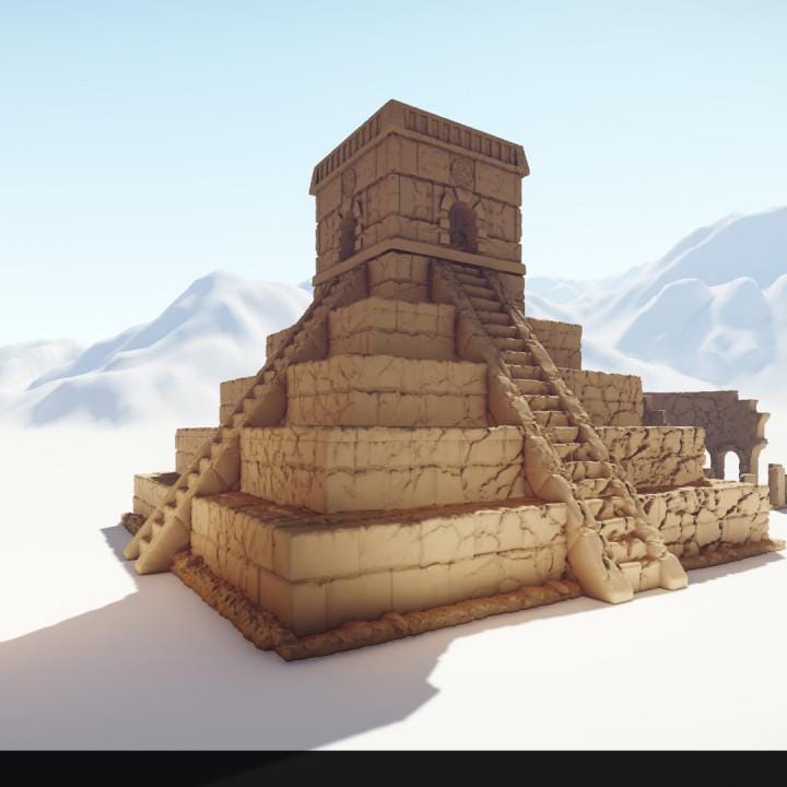 A detailed view of the Ancient Temple Ruins set, featuring a large pyramid, smaller temples, and scattered columns, perfect for RPG and historical settings.