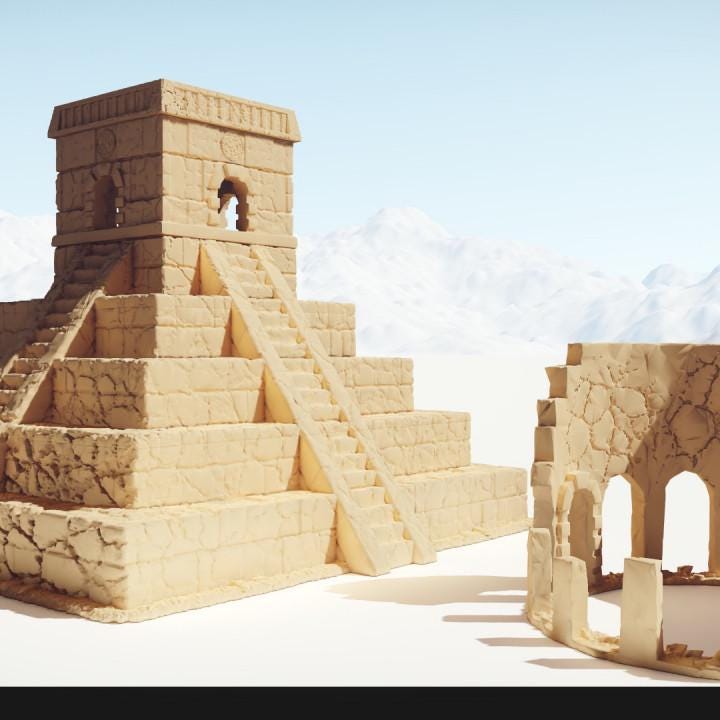 A detailed view of the Ancient Temple Ruins set, featuring a large pyramid, smaller temples, and scattered columns, perfect for RPG and historical settings.