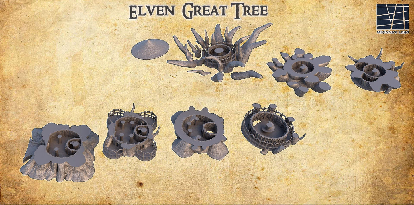 Explore the mystical Elven Great Tree, a 3D-printed marvel designed for fantasy tabletop games, featuring multi-level play areas and intricate elven architecture.