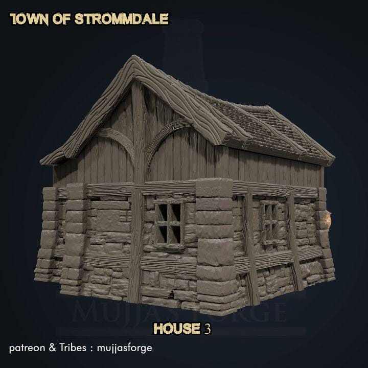 A quaint Medieval Cabin from the Town of Strommdale series, featuring a blend of stone and timber construction with warm lantern details. Modular design makes it ideal for tabletop RPGs and skirmish games.