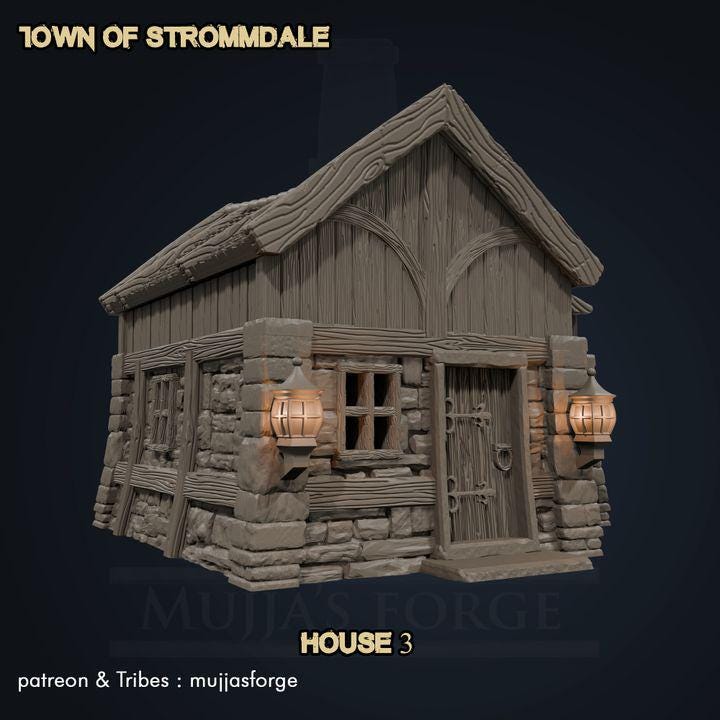 A quaint Medieval Cabin from the Town of Strommdale series, featuring a blend of stone and timber construction with warm lantern details. Modular design makes it ideal for tabletop RPGs and skirmish games.