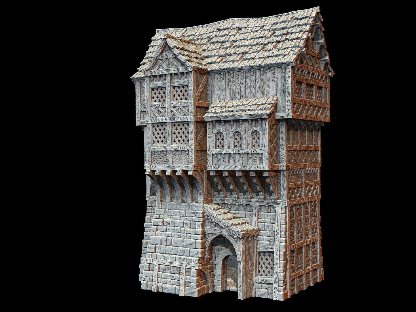 Great Commoners House: Capture the essence of medieval life with this Tudor-style 3D printed building, perfect for tabletop RPGs. Features detailed woodwork and stone masonry.