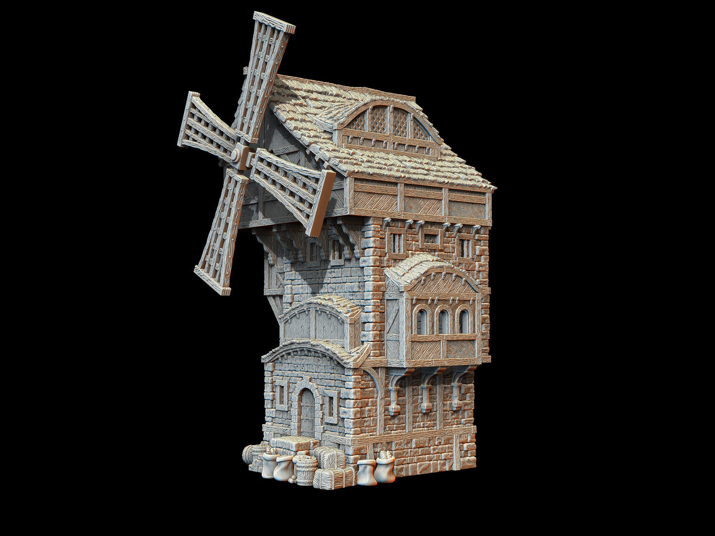 Medieval Great Mill model with functional windmill blades, multi-level access, and highly detailed design. Perfect for RPG and wargaming