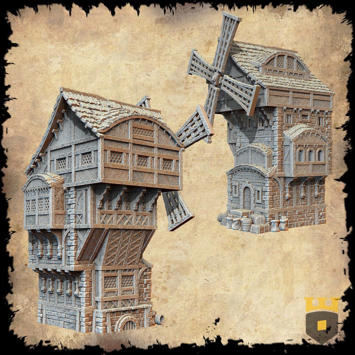 Medieval Great Mill model with functional windmill blades, multi-level access, and highly detailed design. Perfect for RPG and wargaming