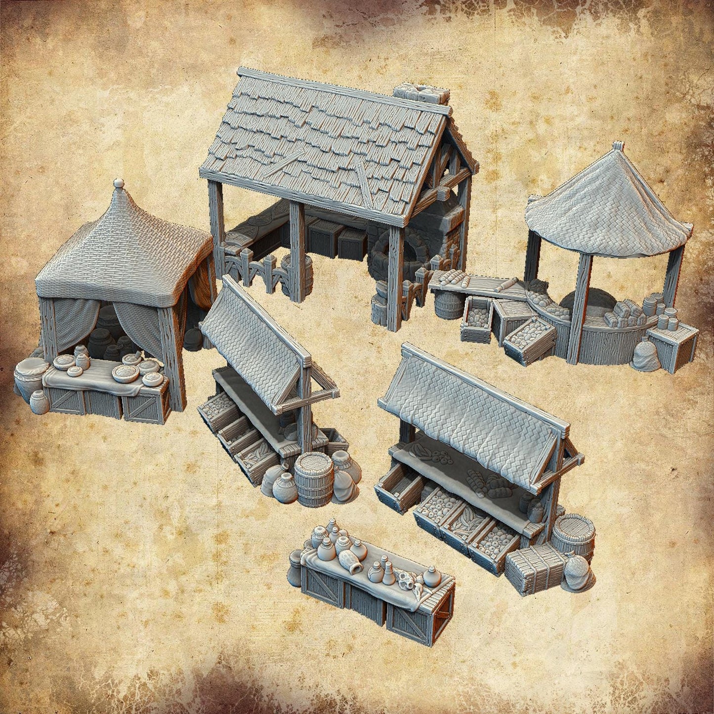 Medieval Market Stalls: Renaissance Era - 28mm Merchant and Trade Setup for Fantasy RPGs and Historical Scenarios