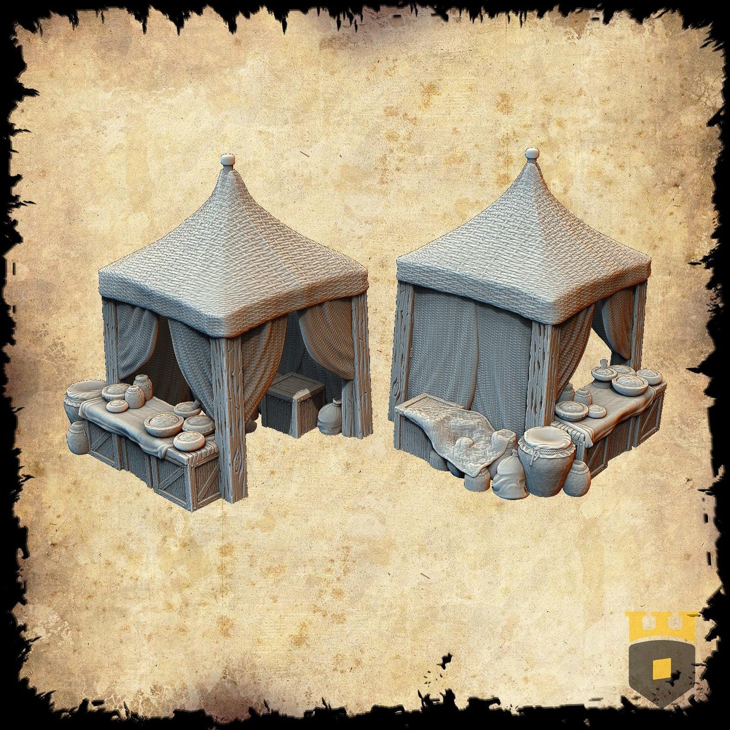 Covered Market Tent: Medieval Pottery Merchant's Setup - Tabletop RPG Scenery, Handcrafted Textile Detail