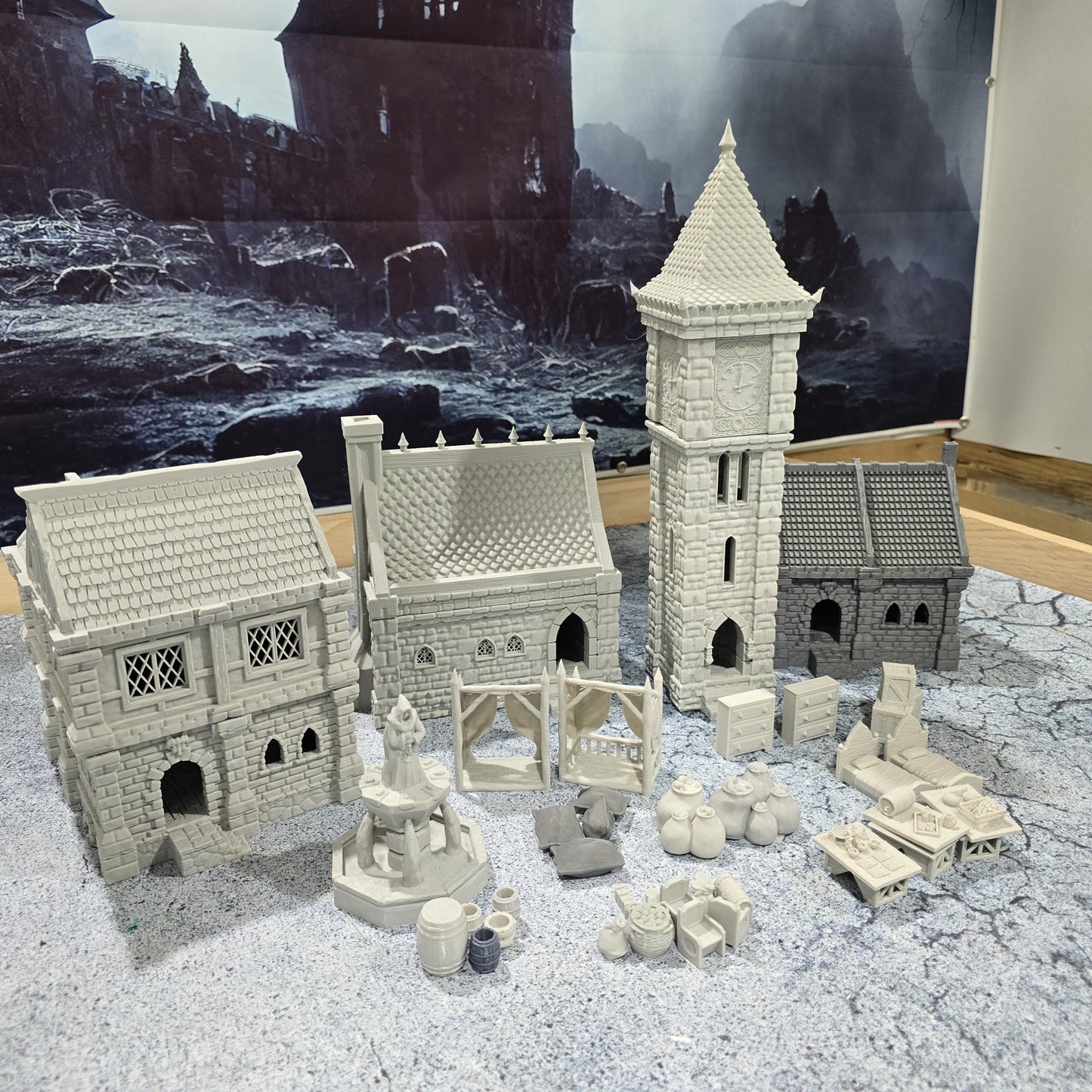 Small Village Set: Medieval Era, Tabletop Terrain -RPG & Wargames, Includes 3 Houses, 2 Stalls, 1 Clocktower, Scatter - 4 scales available