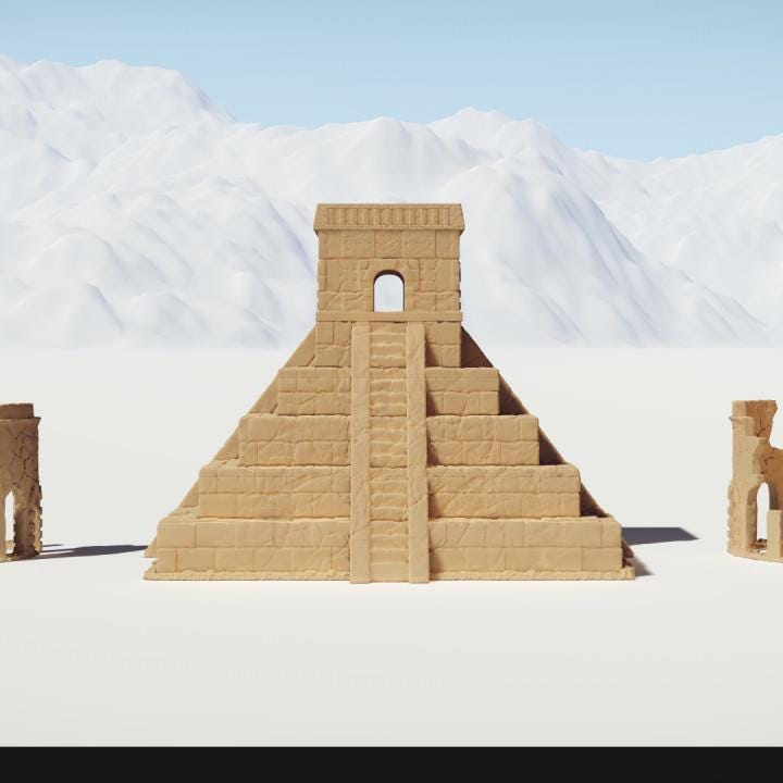 A detailed view of the Ancient Temple Ruins set, featuring a large pyramid, smaller temples, and scattered columns, perfect for RPG and historical settings.