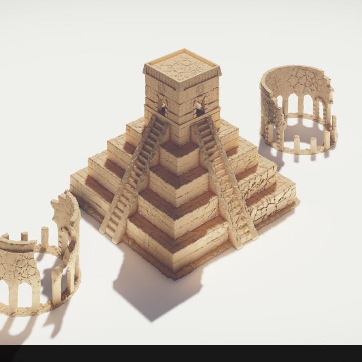 A detailed view of the Ancient Temple Ruins set, featuring a large pyramid, smaller temples, and scattered columns, perfect for RPG and historical settings.