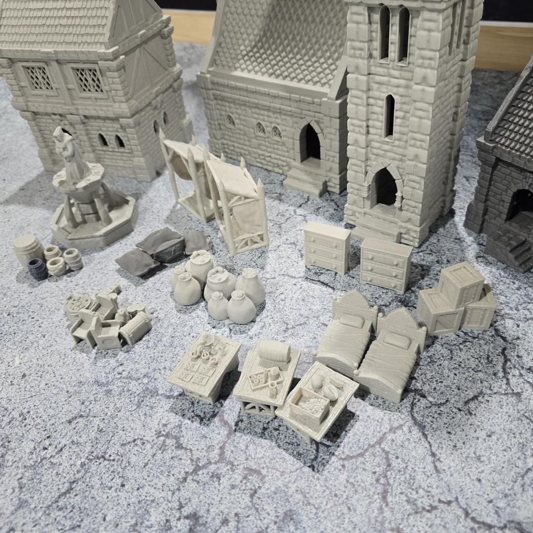 Small Village Set: Medieval Era, Tabletop Terrain -RPG & Wargames, Includes 3 Houses, 2 Stalls, 1 Clocktower, Scatter - 4 scales available
