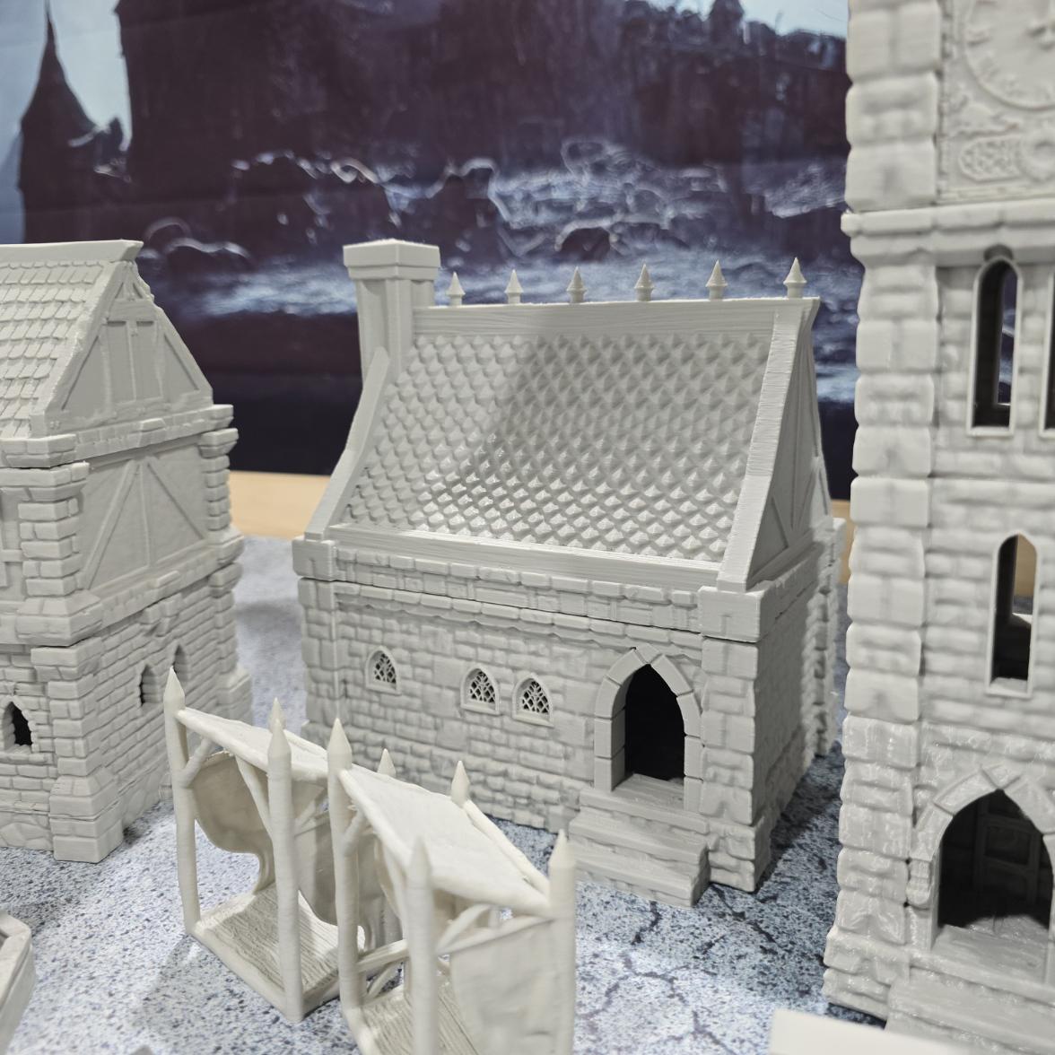 Small Village Set: Medieval Era, Tabletop Terrain -RPG & Wargames, Includes 3 Houses, 2 Stalls, 1 Clocktower, Scatter - 4 scales available