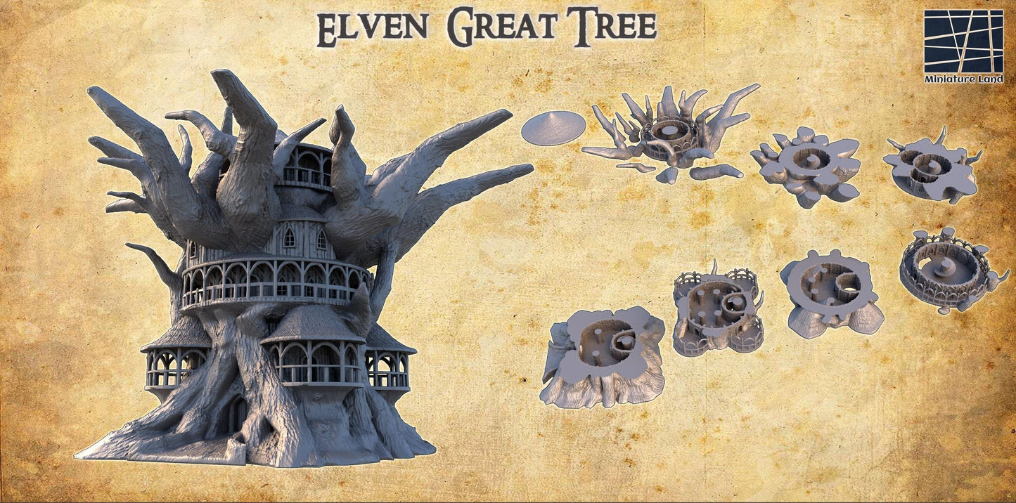 Explore the mystical Elven Great Tree, a 3D-printed marvel designed for fantasy tabletop games, featuring multi-level play areas and intricate elven architecture.