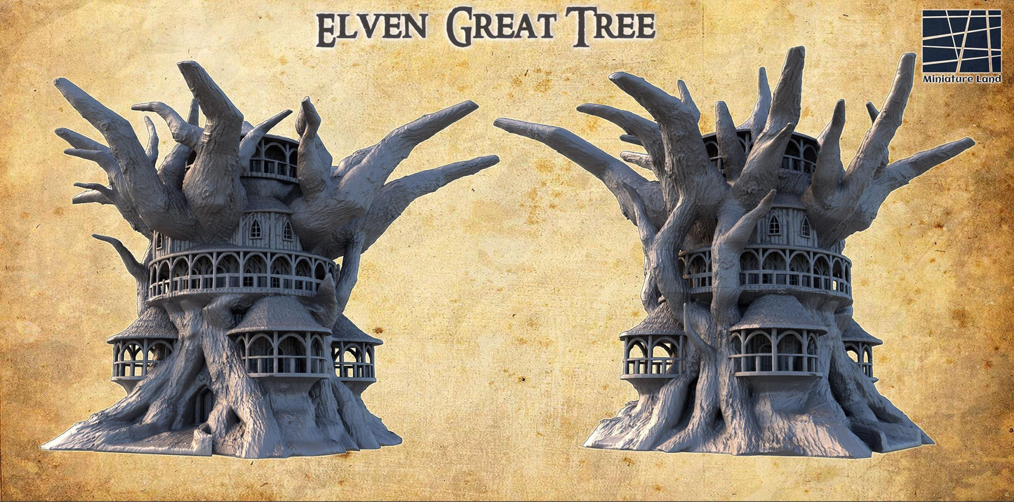 Explore the mystical Elven Great Tree, a 3D-printed marvel designed for fantasy tabletop games, featuring multi-level play areas and intricate elven architecture.